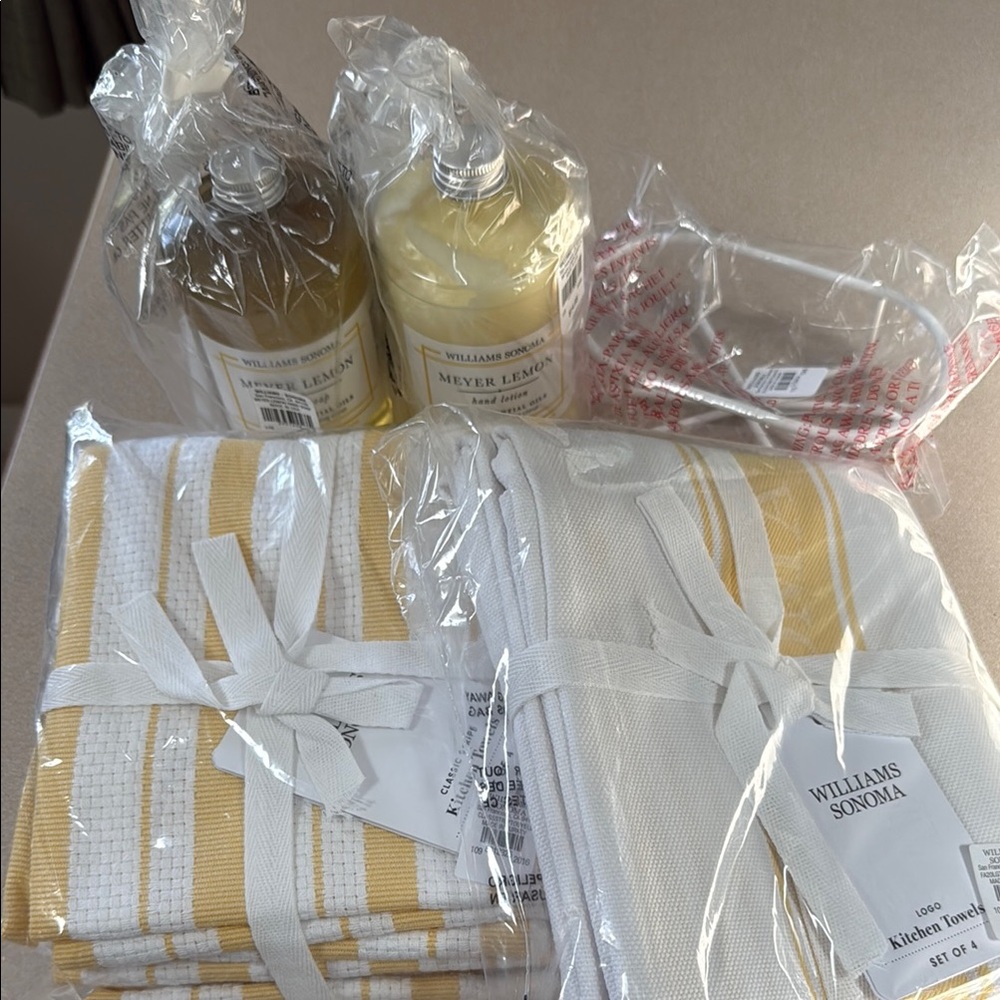 Williams Sonoma Yellow and White Towel Set with Meyer Lemon Soap